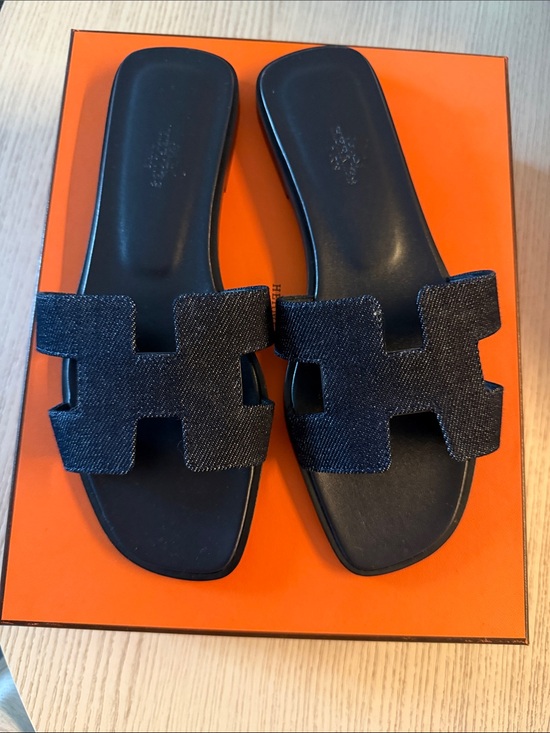 Hermes Shoes - Hermes Black Slide Sandals with Dark Denim H-Strap